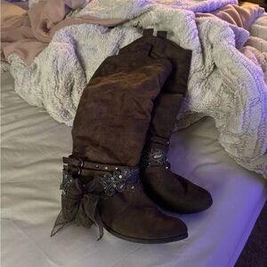 Not Rated Brown Over the Knee Boots with Embellished Straps